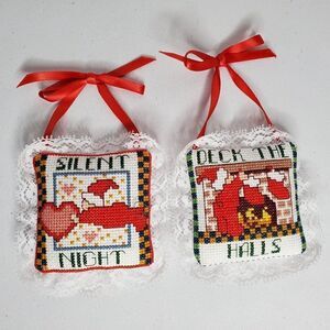 2 Handmade Christmas Cross Stitched Pillow Ornaments Silent Night Deck Halls